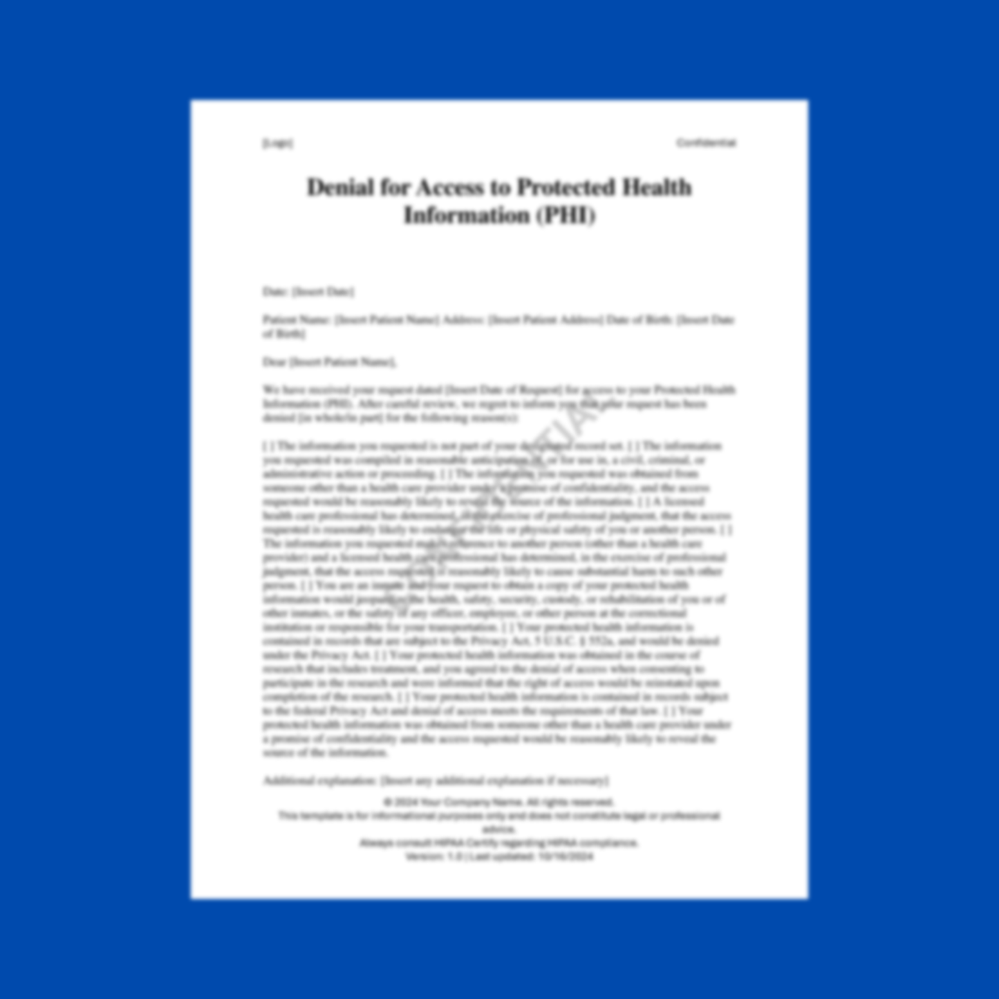 Preview of the Denial for Access to Protected Health Information (PHI) Template ā HIPAA-compliant digital download