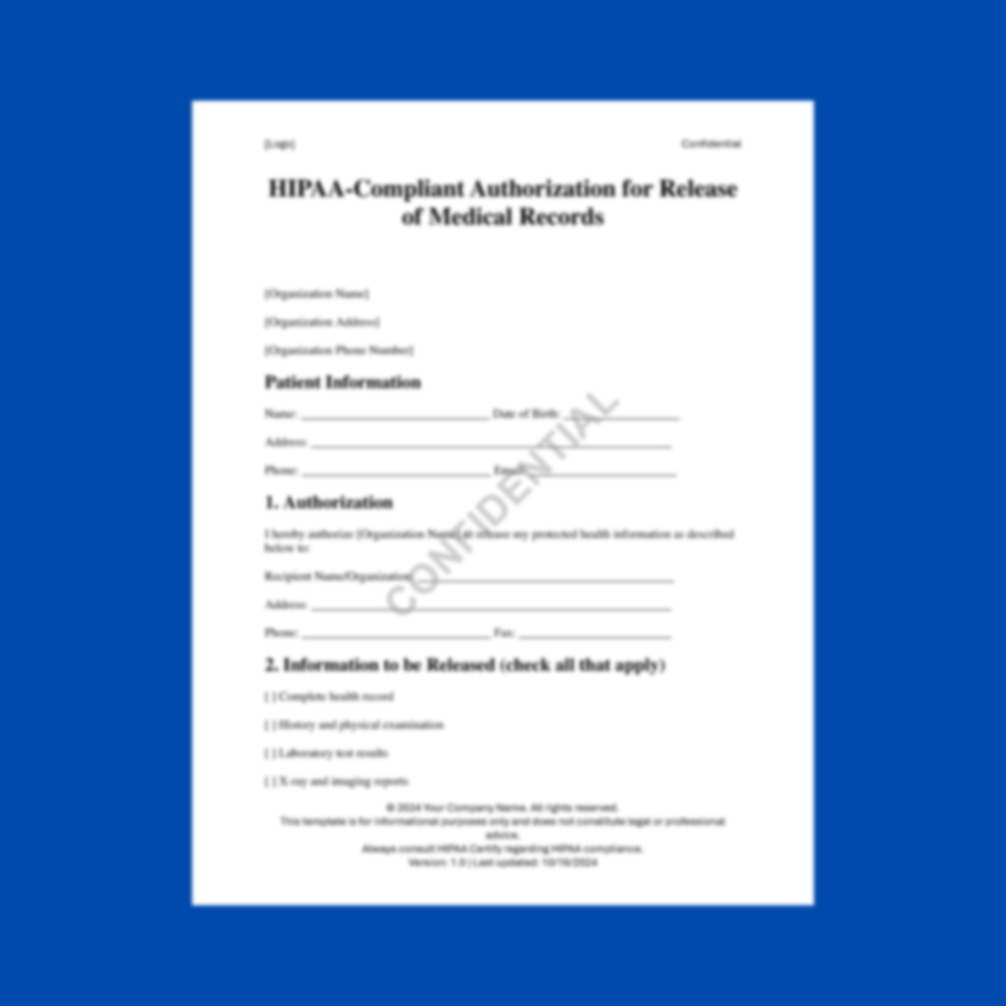 Preview of the HIPAA-Compliant Authorization for Release of Medical Records Template — HIPAA-compliant digital download
