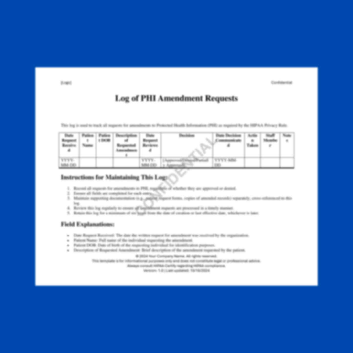 Preview of the Log of PHI Amendment Requests Template — HIPAA-compliant digital download