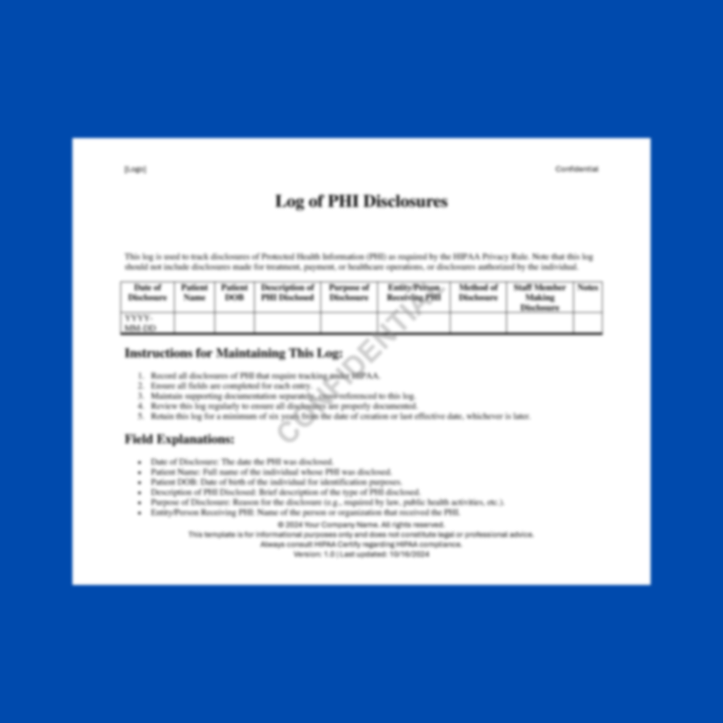Preview of the Log of PHI Disclosures Template ā HIPAA-compliant digital download