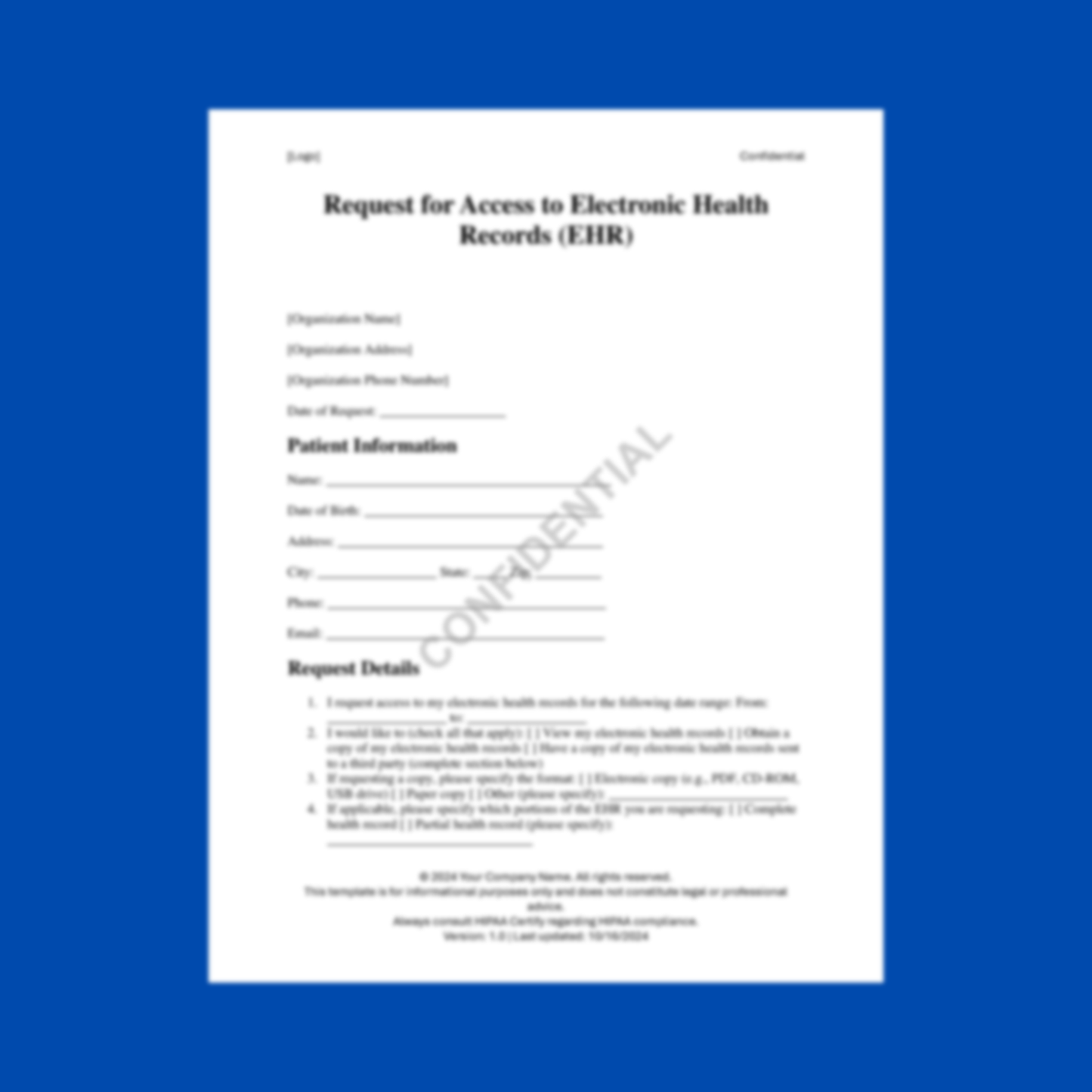 Preview of the Request for Access to Electronic Health Records (EHR) Template — HIPAA-compliant digital download