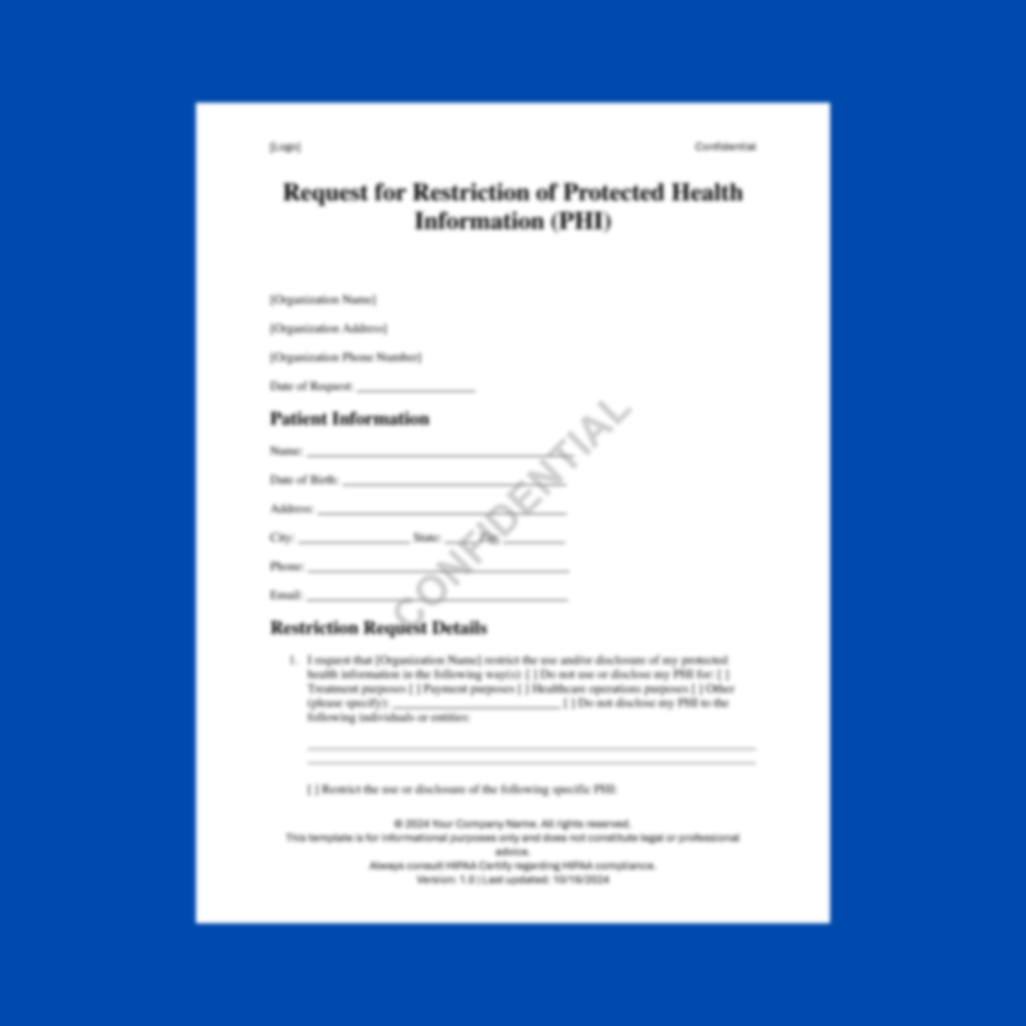 Preview of the Request for Restriction of Protected Health Information (PHI) Template ā HIPAA-compliant digital download
