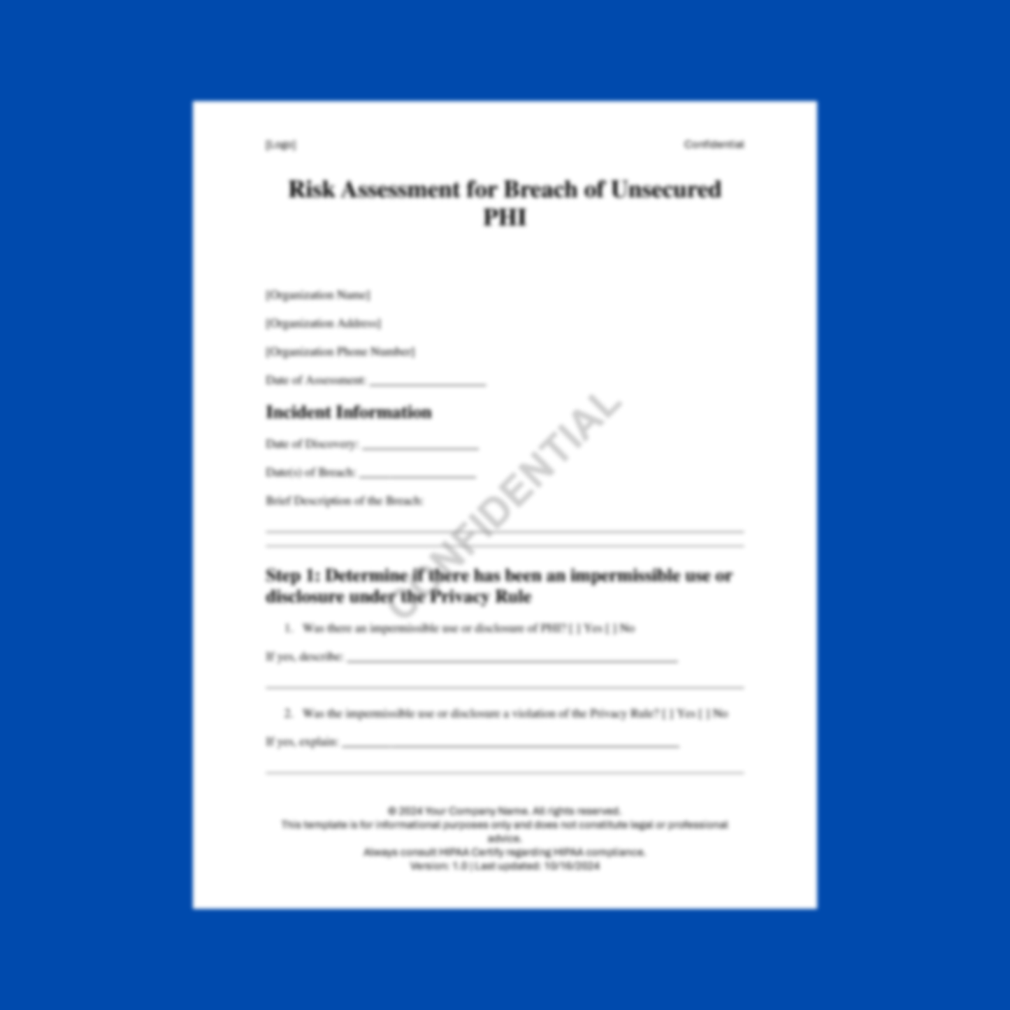 Preview of the Risk Assessment for Breach of Unsecured PHI Template ā HIPAA-compliant digital download