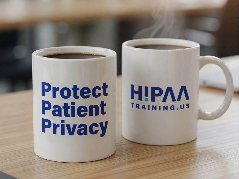 White ceramic coffee mug with HIPAA Training US branding