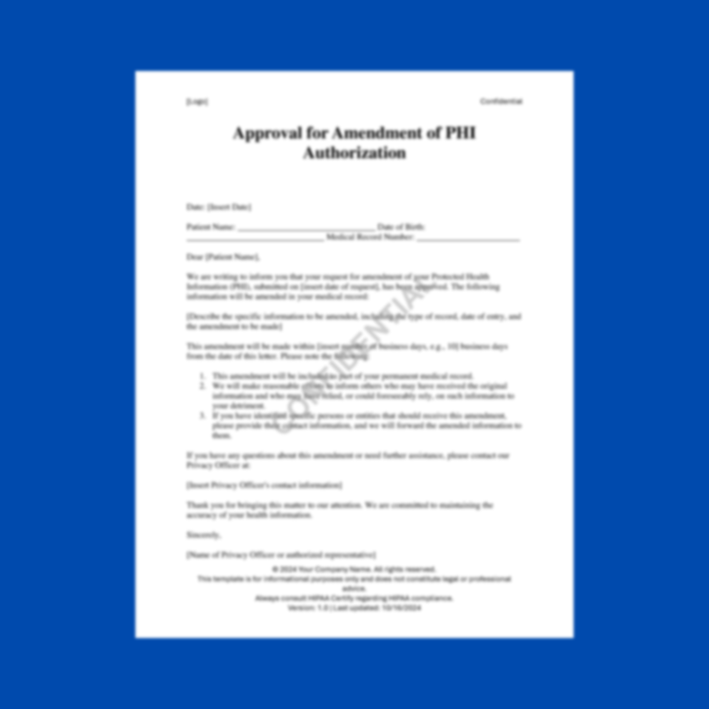 Approval for Amendment of PHI Authorization Template