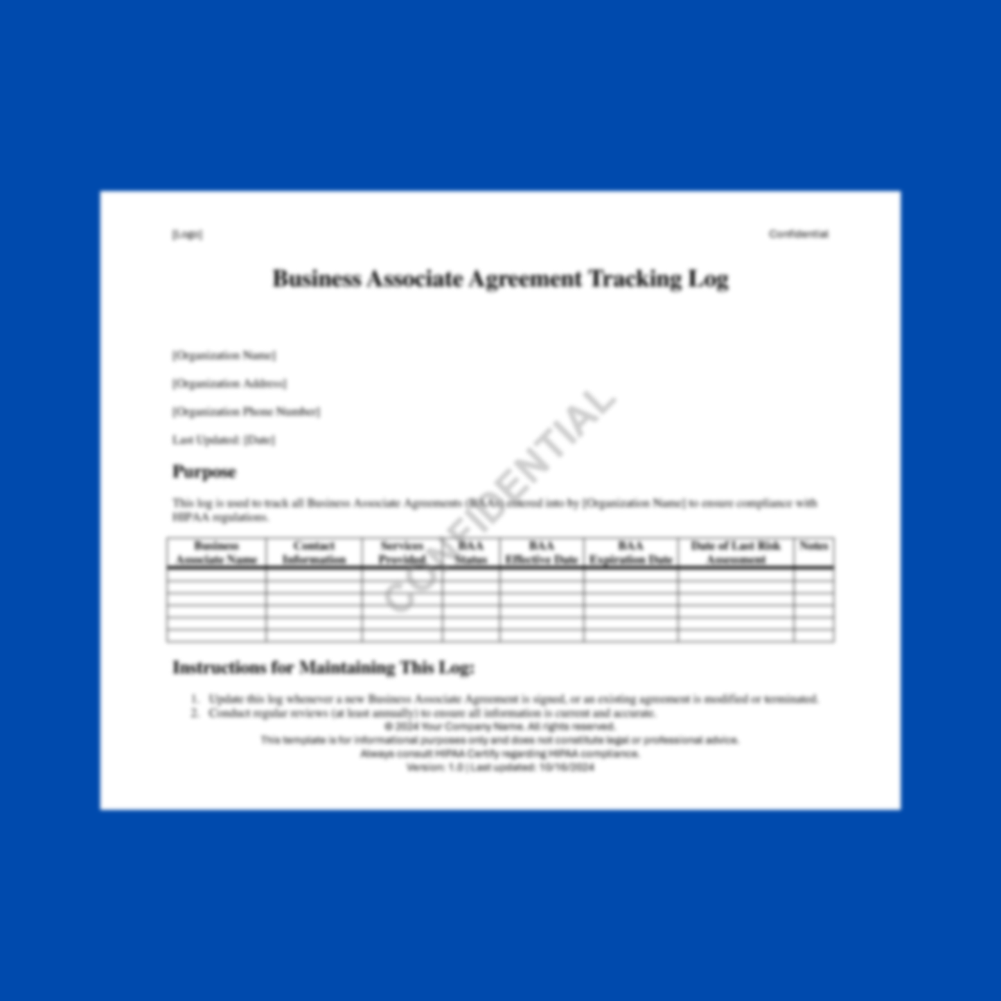 Business Associate Agreement Tracking Log Template