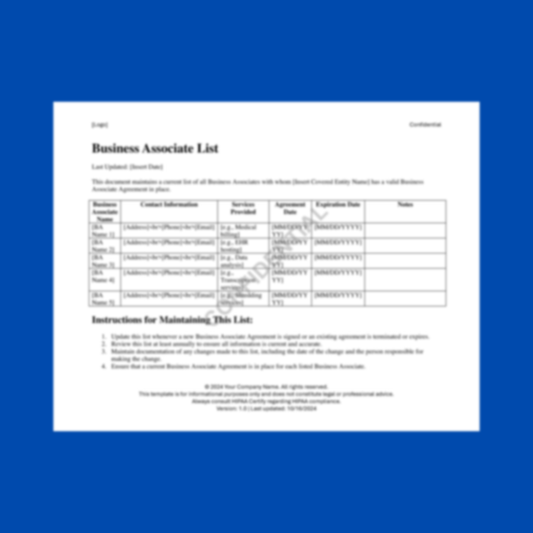 Business Associate List Template