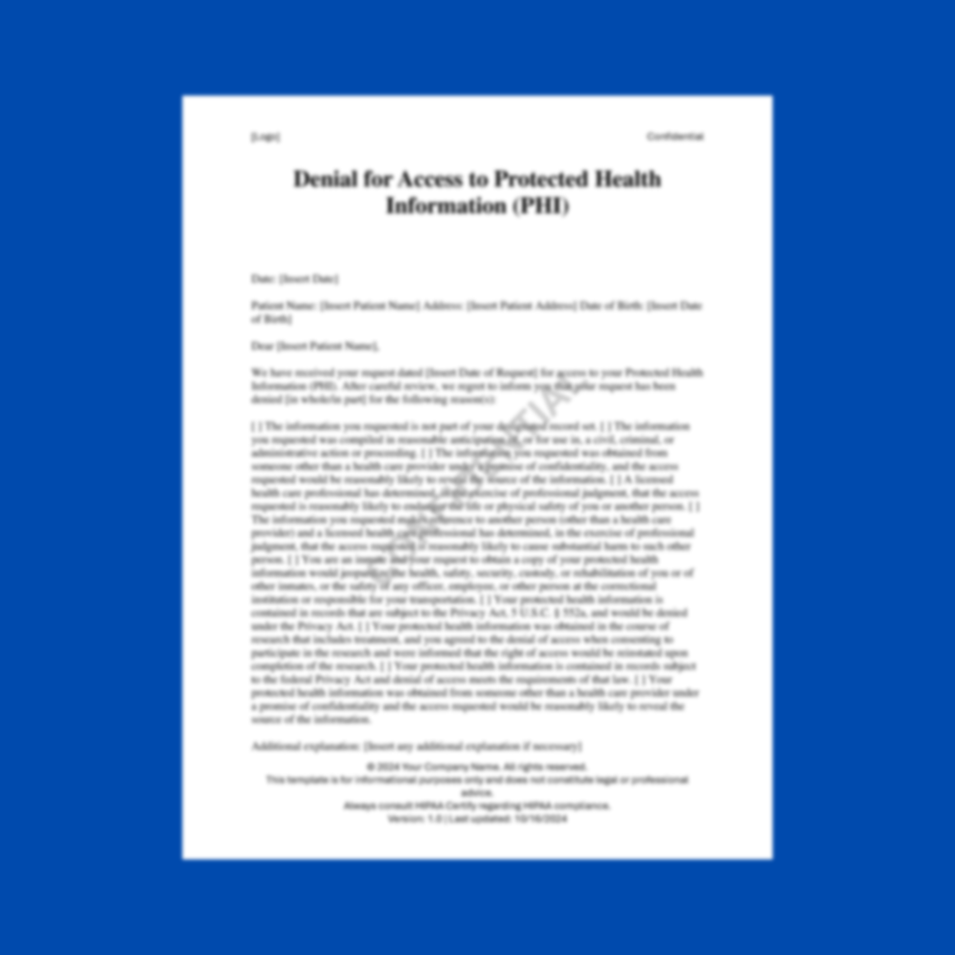 Preview of the Denial for Access to Protected Health Information (PHI) Template — HIPAA-compliant digital download