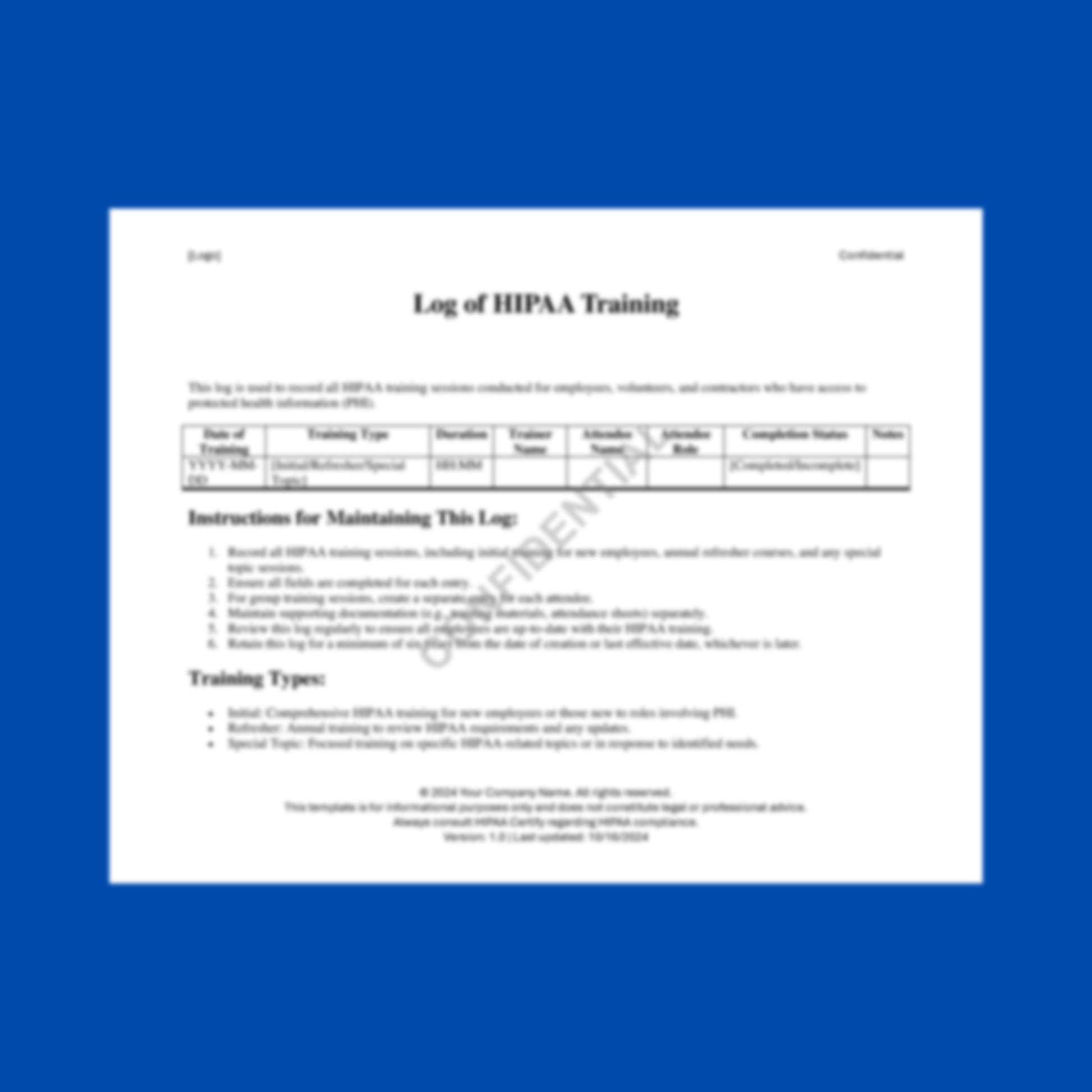 Preview of the Log of HIPAA Training Template — HIPAA-compliant digital download