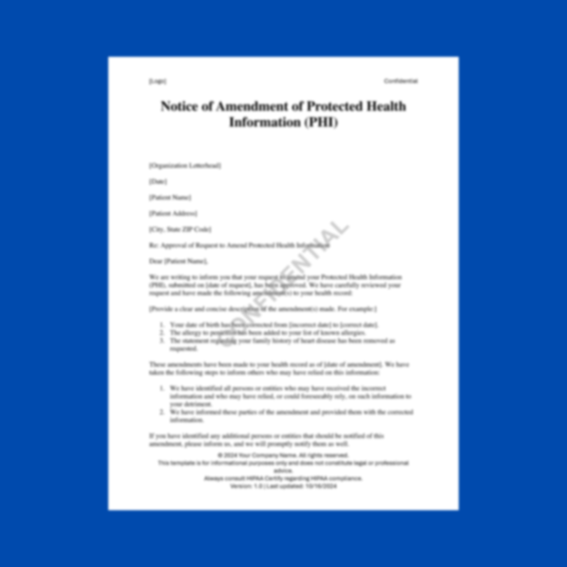 Preview of the Notice of Amendment of Protected Health Information (PHI) Template — HIPAA-compliant digital download