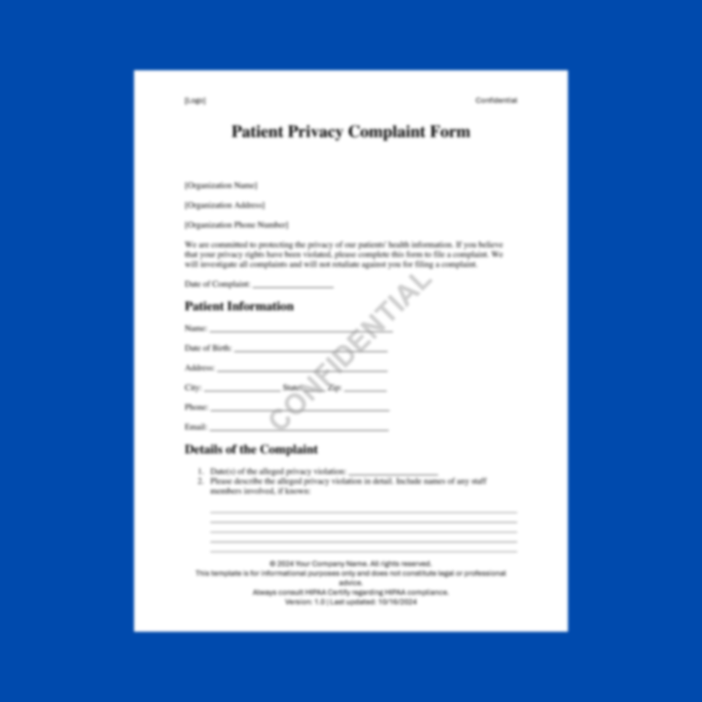 Preview of the Patient Privacy Complaint Form Template — HIPAA-compliant digital download