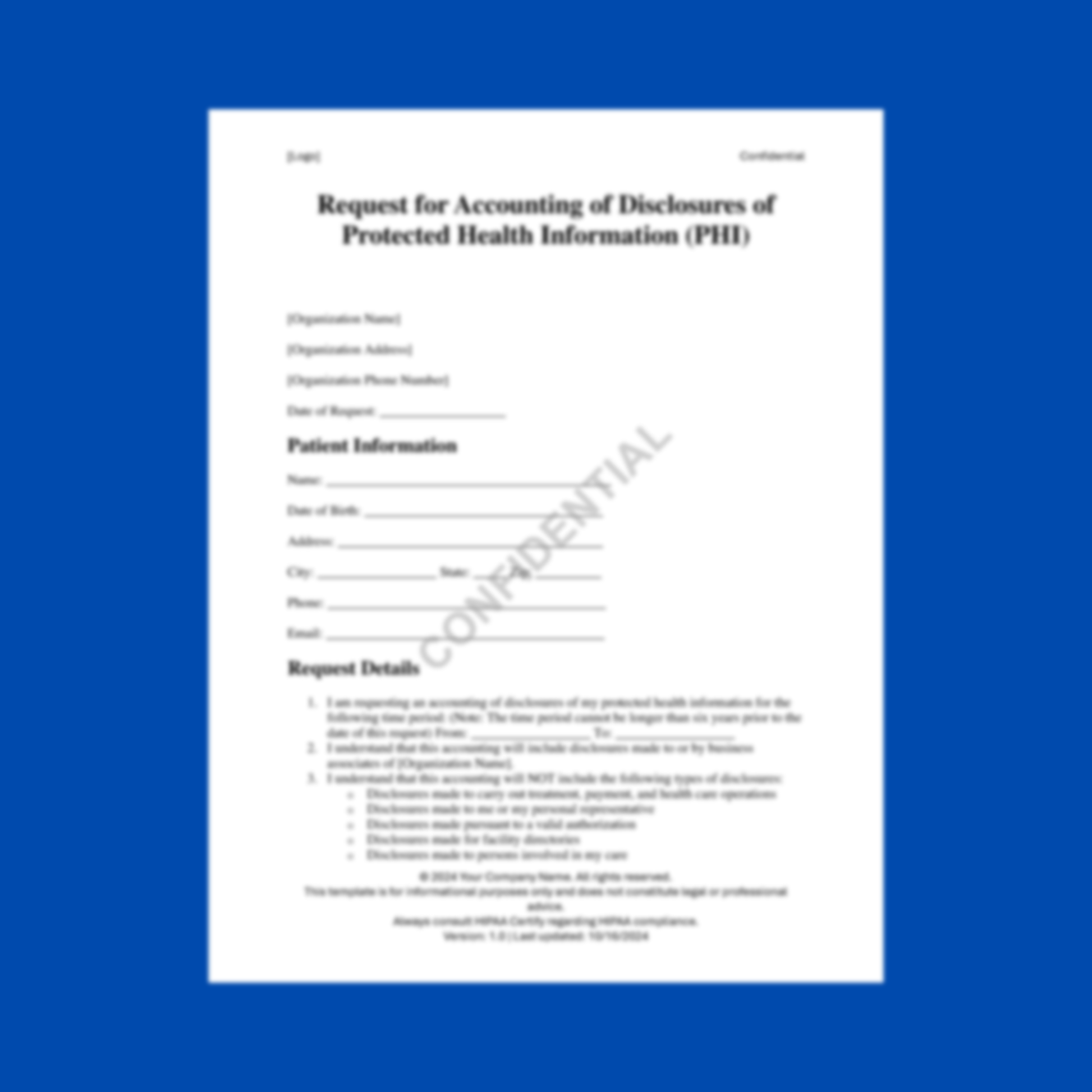Preview of the Request for Accounting of Disclosures of Protected Health Information (PHI) Template — HIPAA-compliant digital download